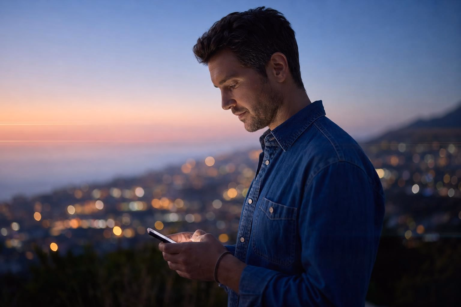 A person checking their network status on a phone outdoors at dusk
